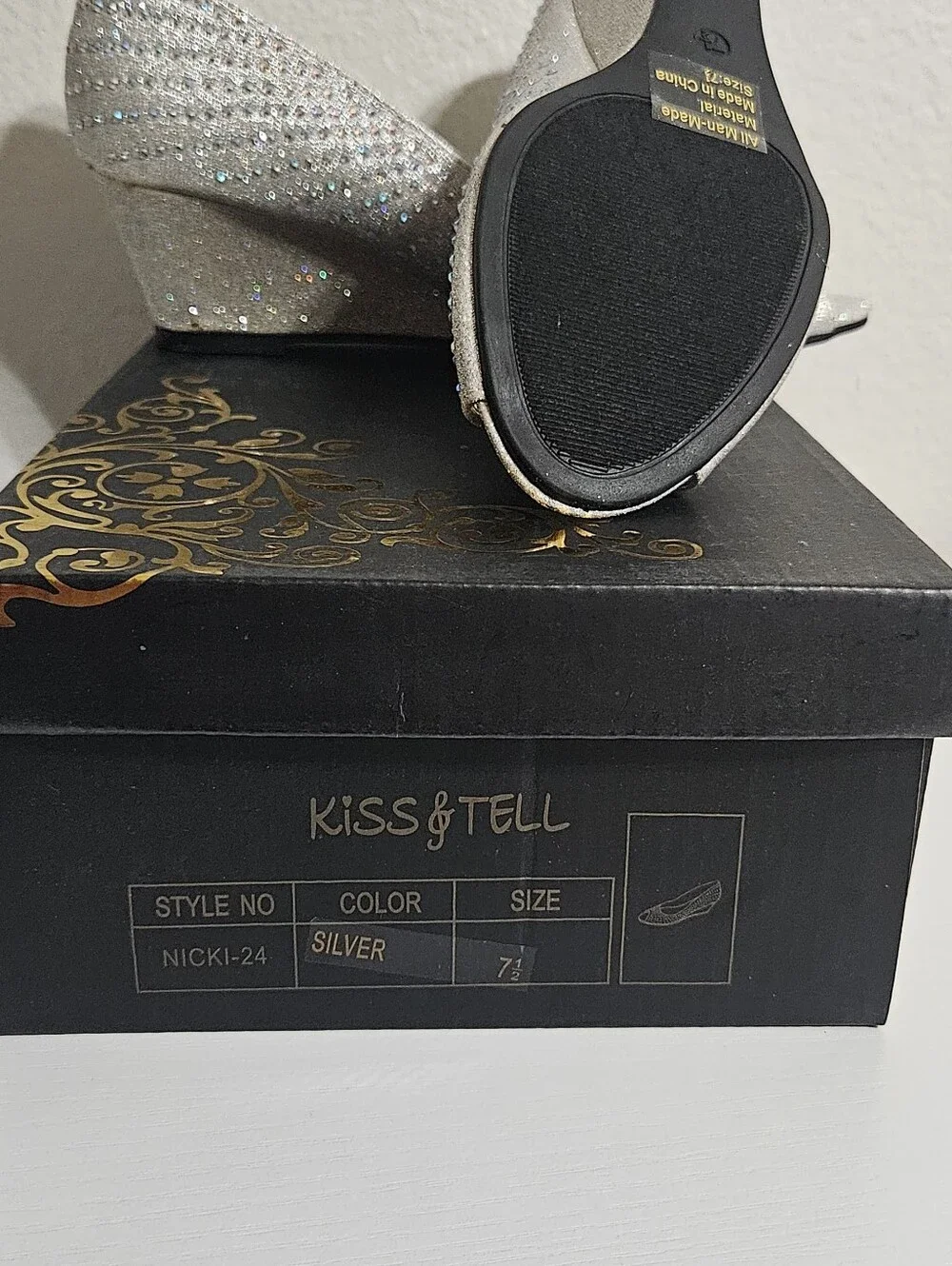 Kiss & Tell Silver Open-Toe Wedge Heels with Rhinestone Detail